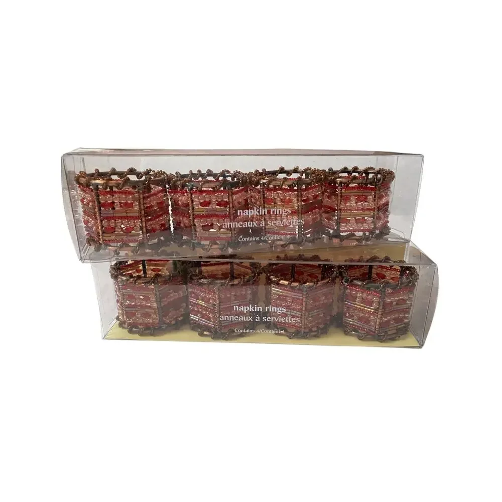 Pier 1 Beaded Napkin Rings Set of 8 Red Copper Moroccan Boho Table Decor